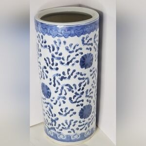 Rare: Vintage 1970 Swedish Ceramic Blue and White Hand Painted Umbrella Urn- 18"